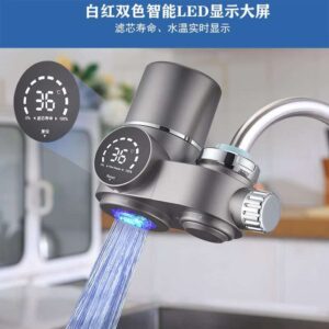 Sleek gray faucet-mounted purifier with an LED temperature